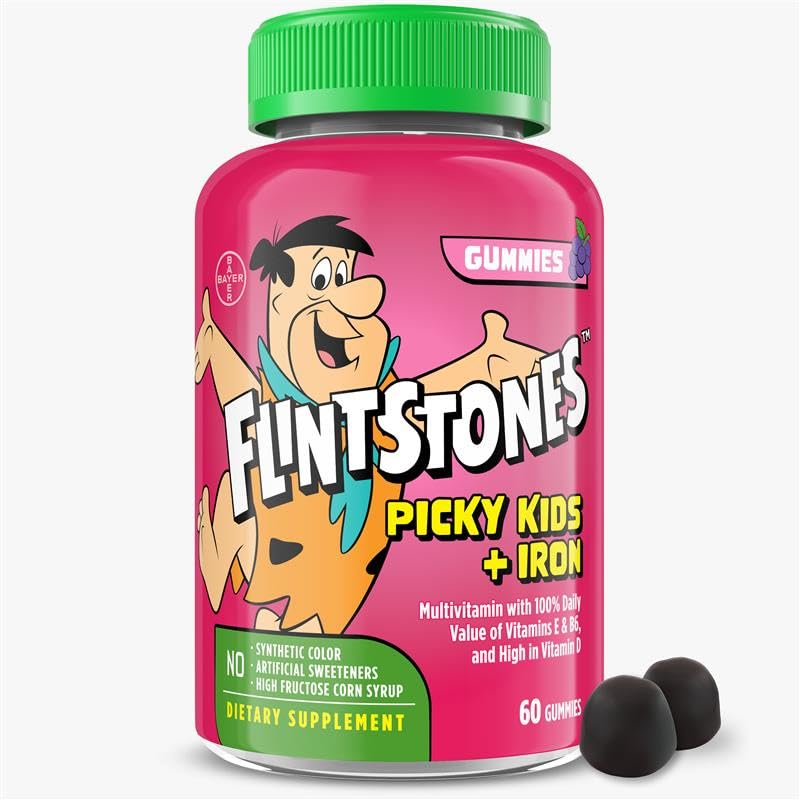 Flintstones Vitamins frente del empaque mostrando 60 gomitas y sabor uva, facilidad de uso