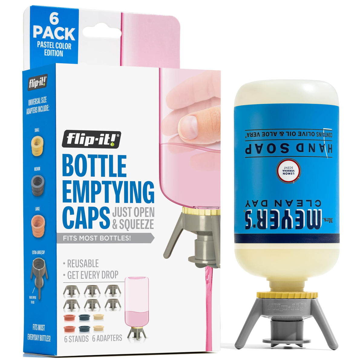 Flip-It! vista frontal del pack pastel mostrando las seis tapas y adaptadores, ahorro visible