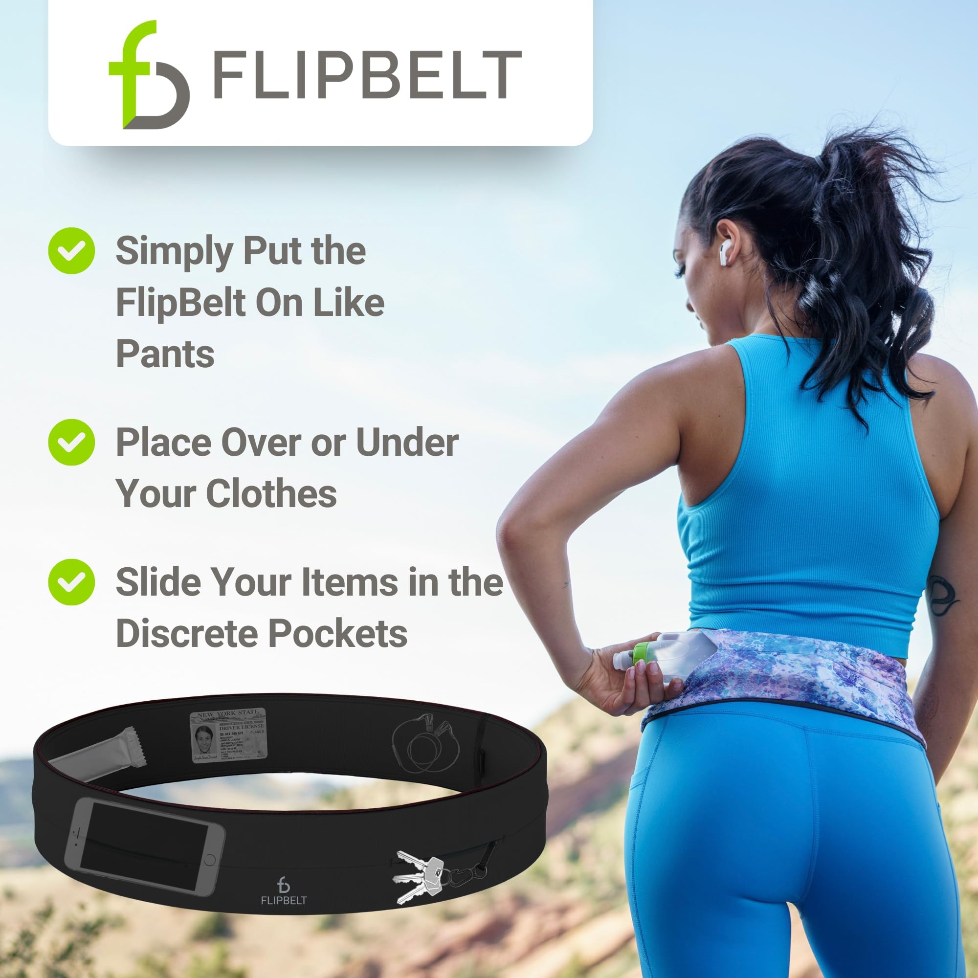 FlipBelt comparación de talla y ajuste en la cadera, FlipBelt muestra escalar