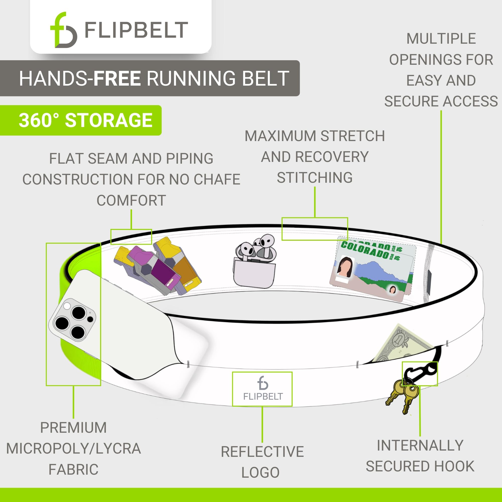 FlipBelt logo reflectante visible en baja luz, FlipBelt mejora la visibilidad