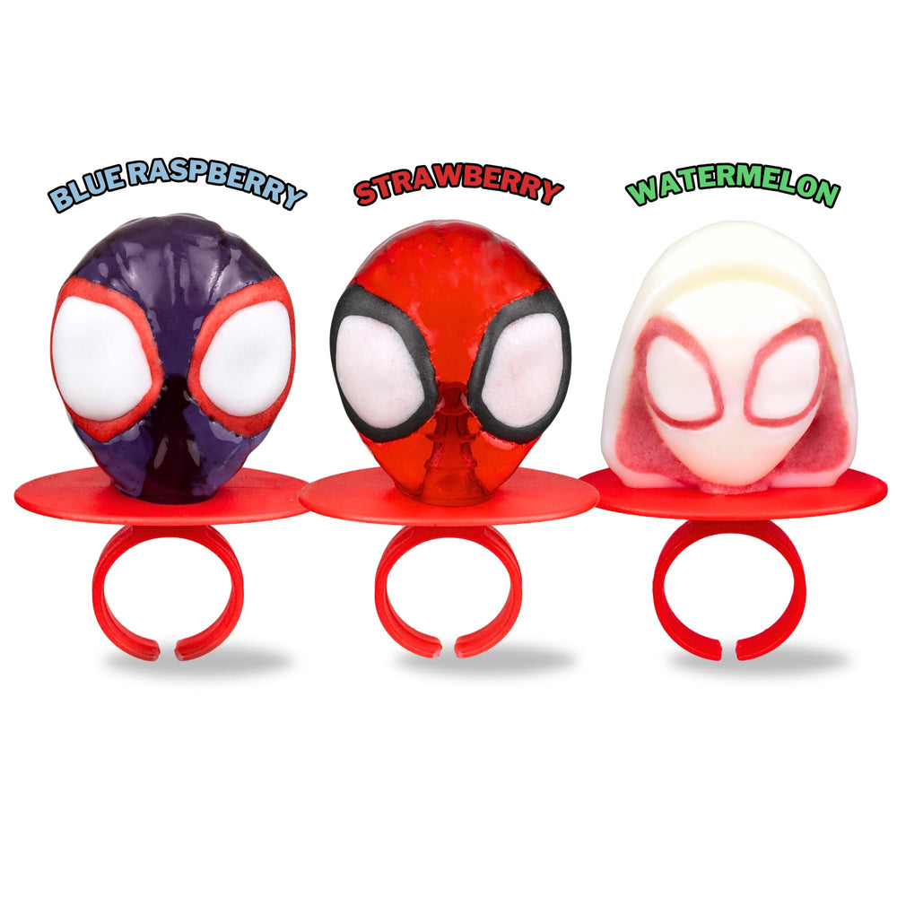 Flix Candy paletas dispuestas sobre mesa de fiesta temáticas Spidey