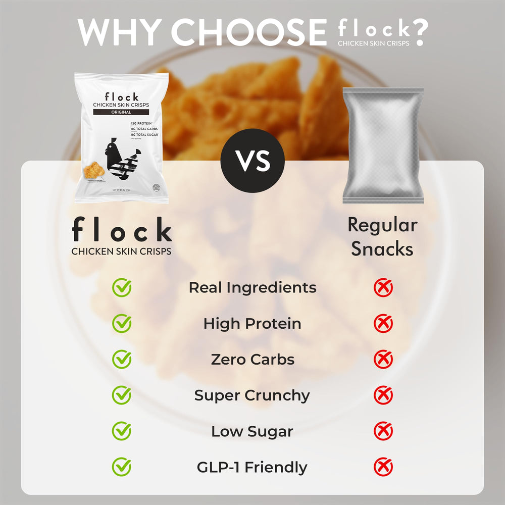 Flock comparación de porción 28 g junto a mano, facilita control de raciones