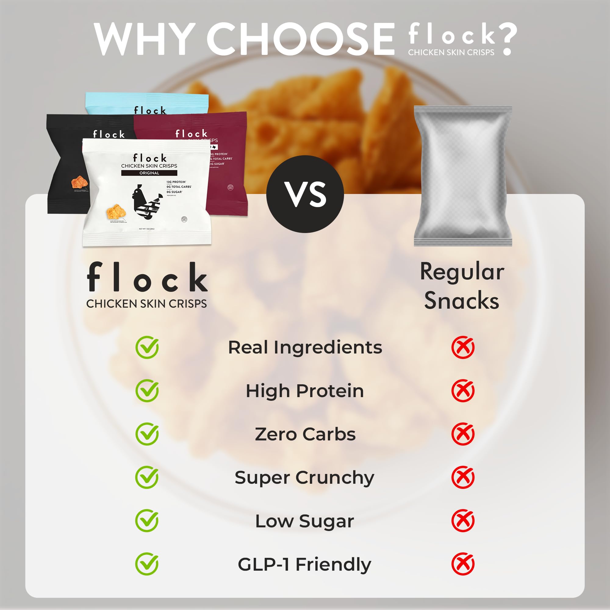 Primer plano de la etiqueta Flock con ingredientes simples y beneficios claros