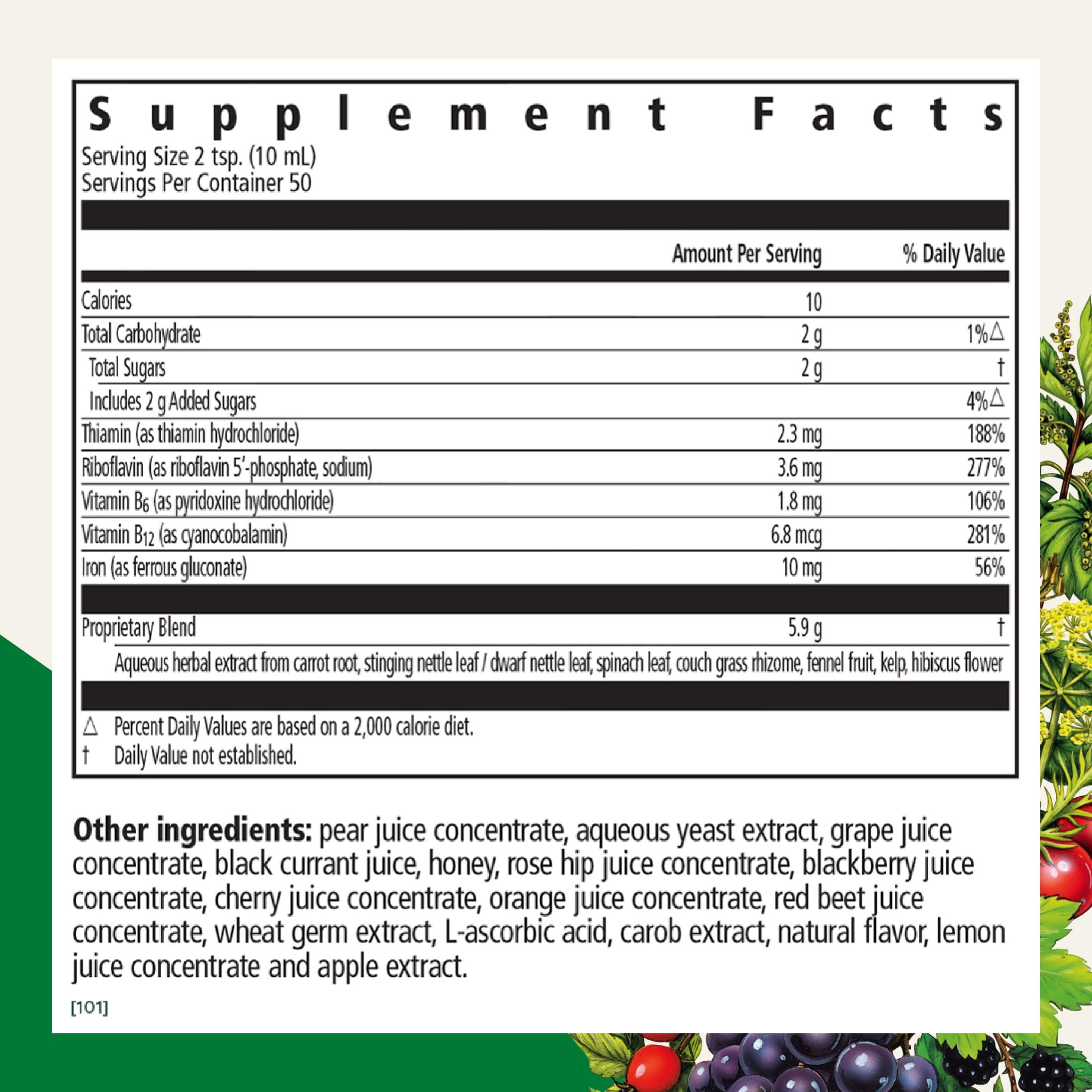 Floradix detalle de etiqueta que destaca ingredientes y certificados de calidad