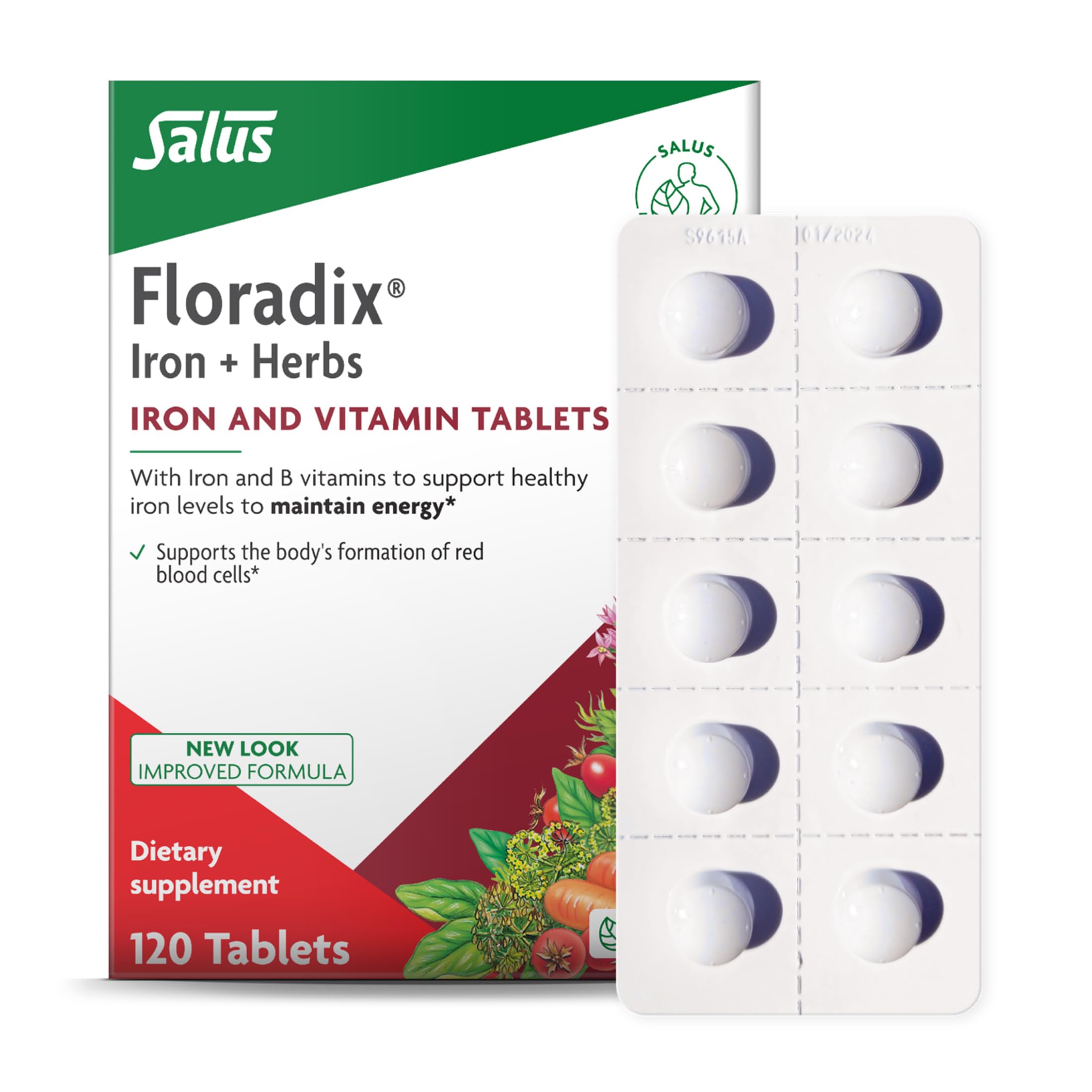 Floradix frente del envase mostrando 120 comprimidos y beneficios