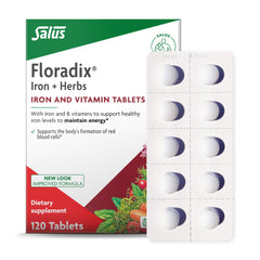 Floradix frente del envase mostrando 120 comprimidos y beneficios