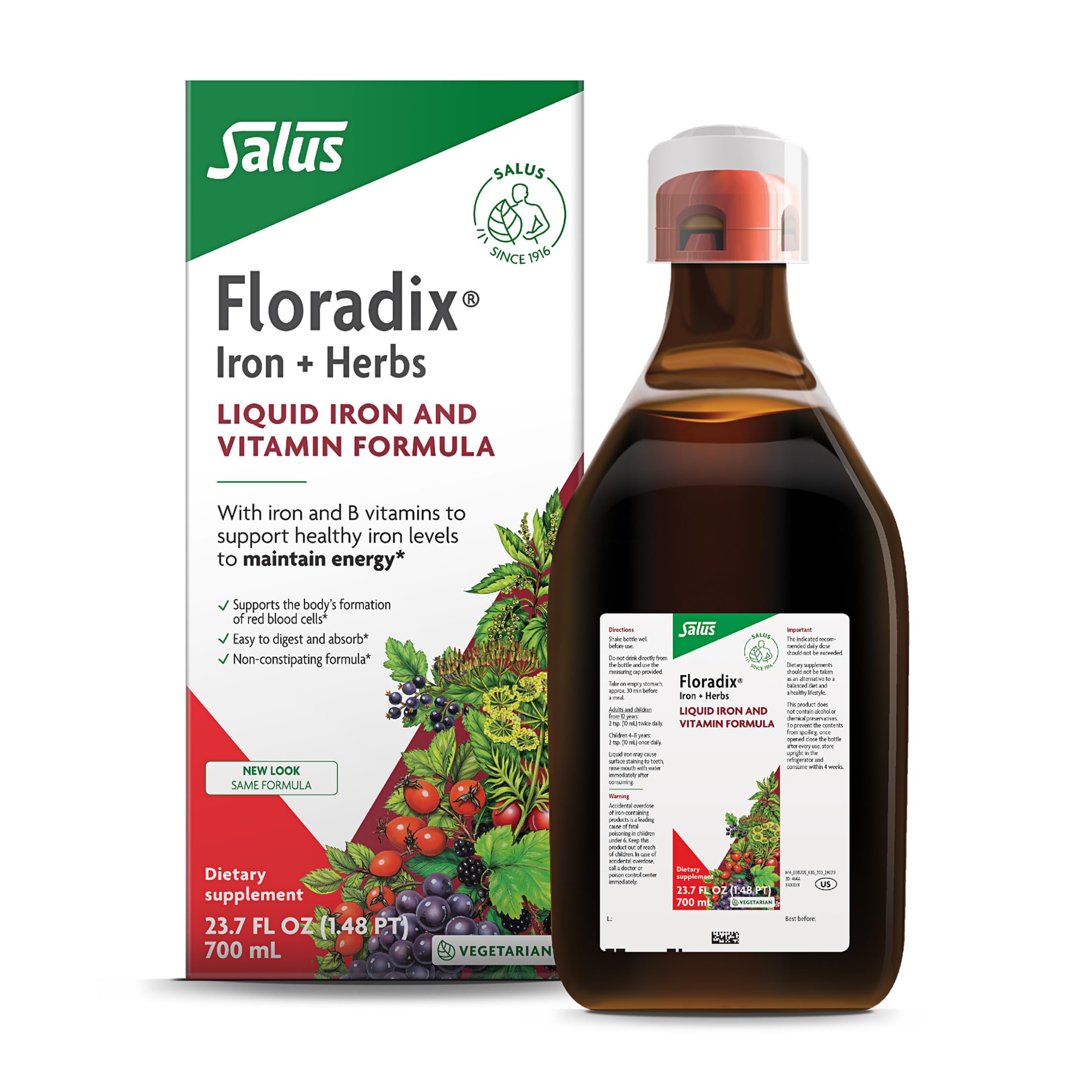 Floradix frontal del envase mostrando marca y volumen 23.7 fl oz para identificación clara