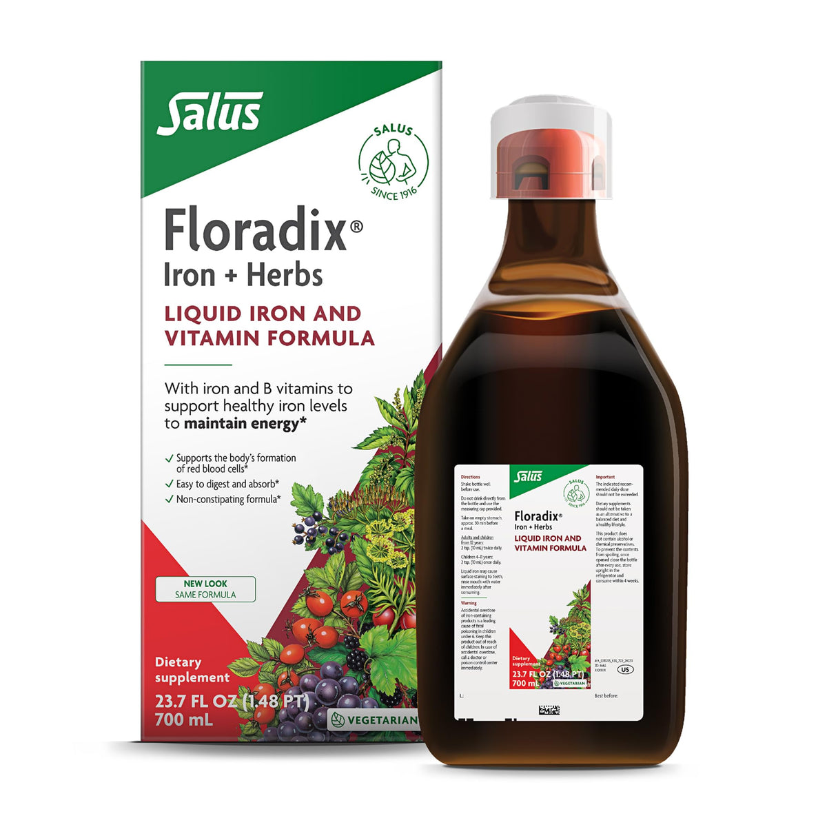 Floradix frontal del envase mostrando marca y volumen 23.7 fl oz para identificación clara