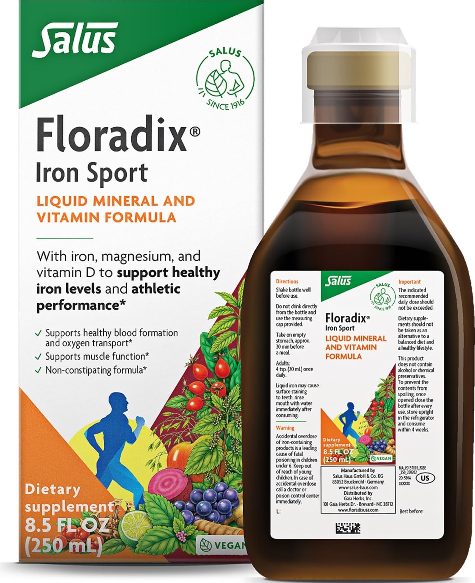 Floradix botella frontal mostrando la presentación y beneficios veganos