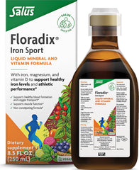 Floradix botella frontal mostrando la presentación y beneficios veganos