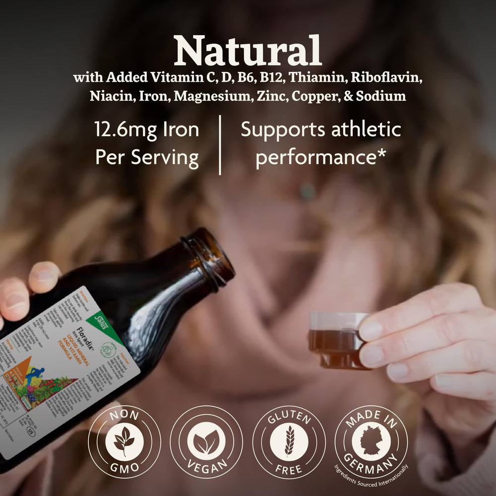 Floradix líquido cerca destacando textura suave y fácil absorción