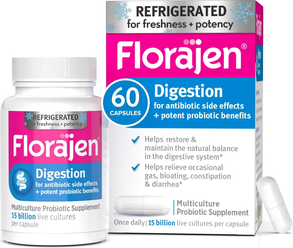 Florajen frasco frontal mostrando diseño y cantidad de cápsulas, beneficio confianza
