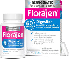 Florajen frasco frontal mostrando diseño y cantidad de cápsulas, beneficio confianza