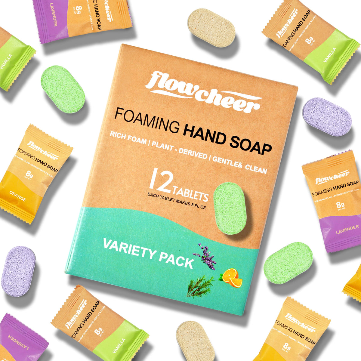 flowcheer embalaje frontal del pack 12 que muestra variedad de fragancias y ahorro