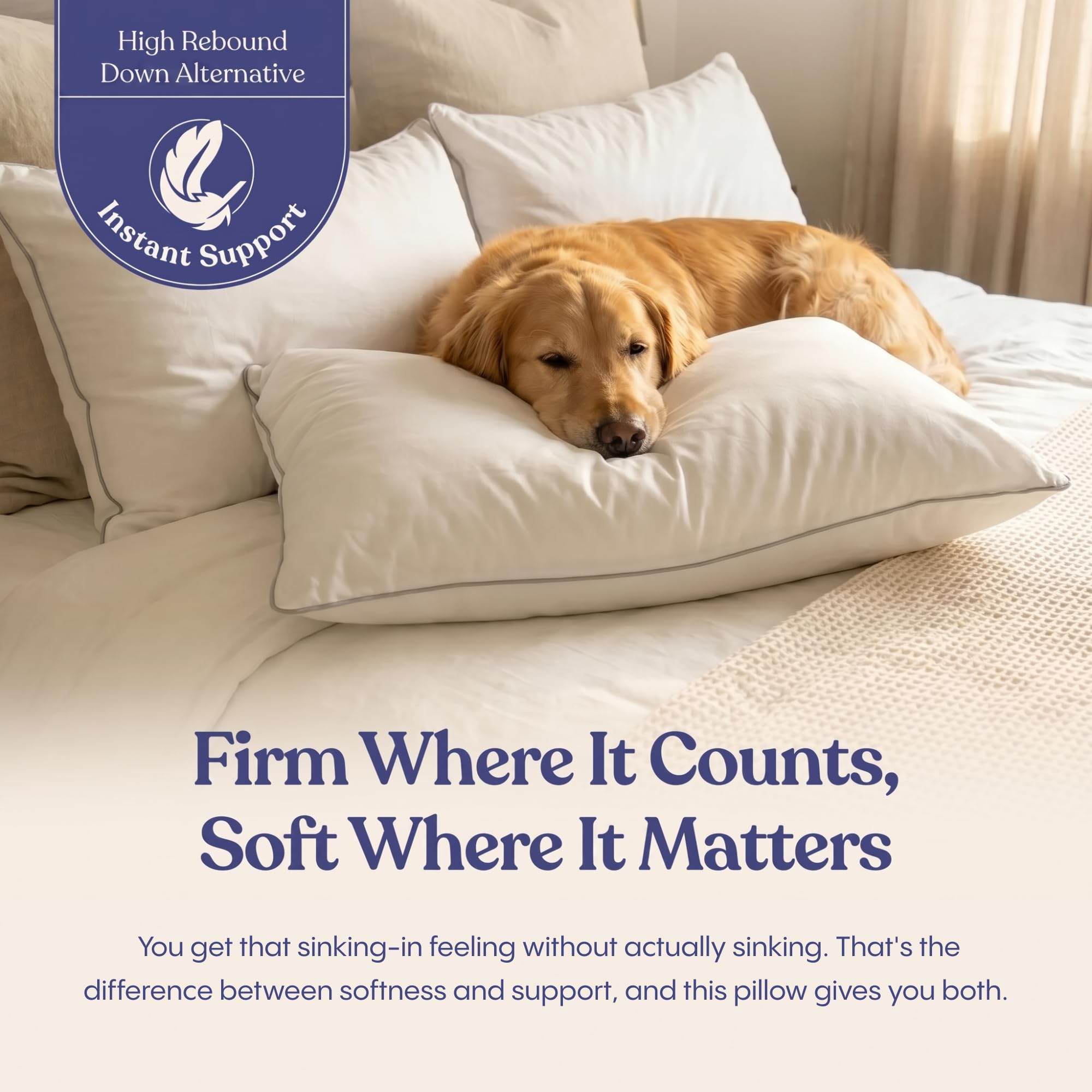 FluffCo almohada Zen Fluff colocada en cama con sábanas, confort parecido a hotel