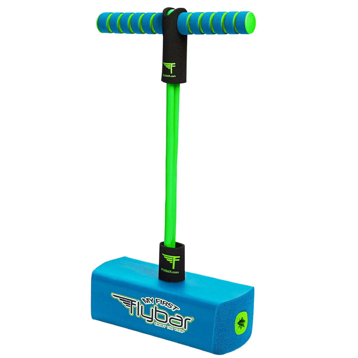 Flybar vista frontal del pogo azul mostrando diseño seguro y divertido
