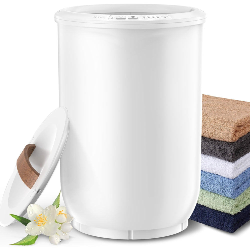 FLYHIT vista frontal del calentador mostrando diseño compacto y beneficio de ahorro de espacio