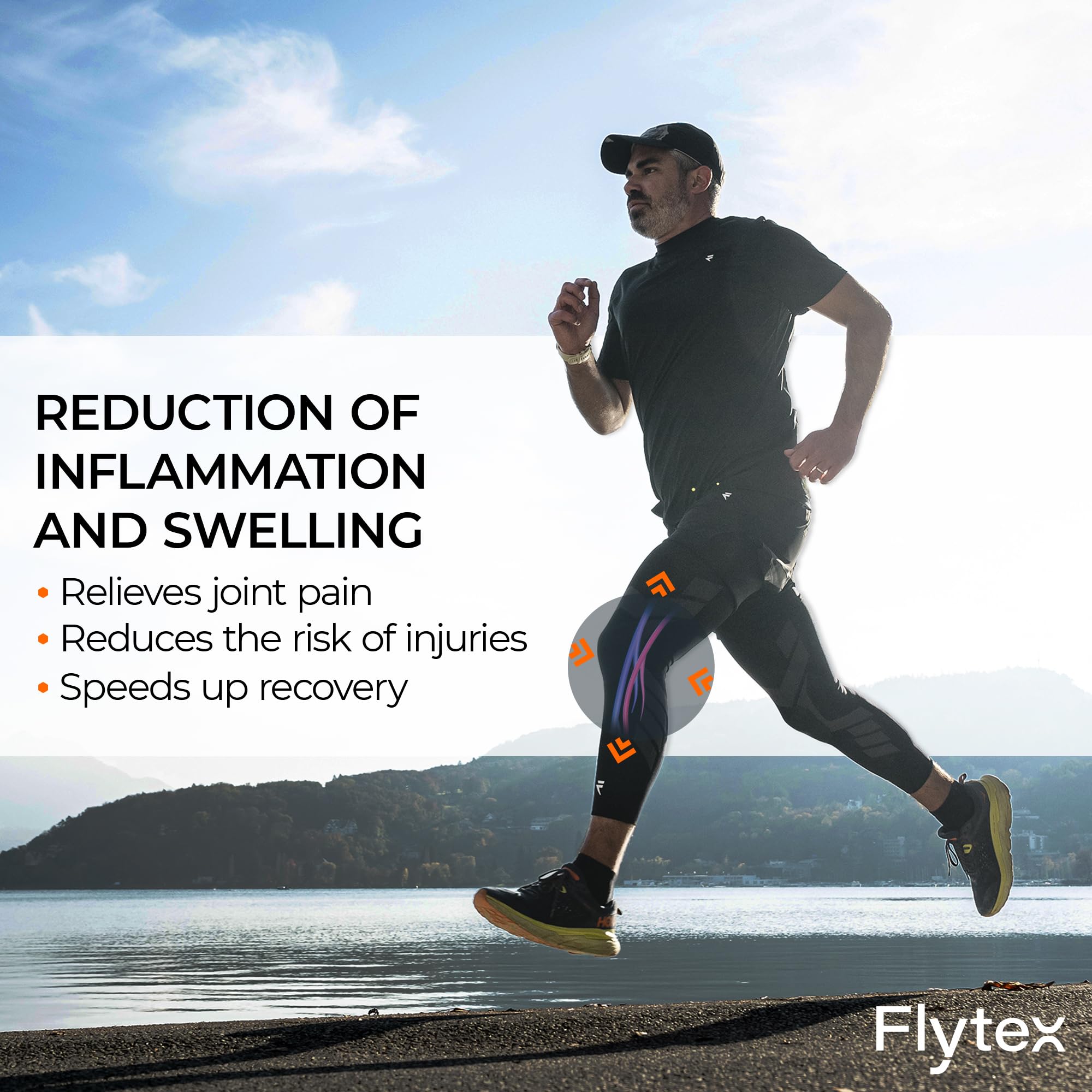 Flytex rodillera en uso durante carrera que aporta estabilidad articular