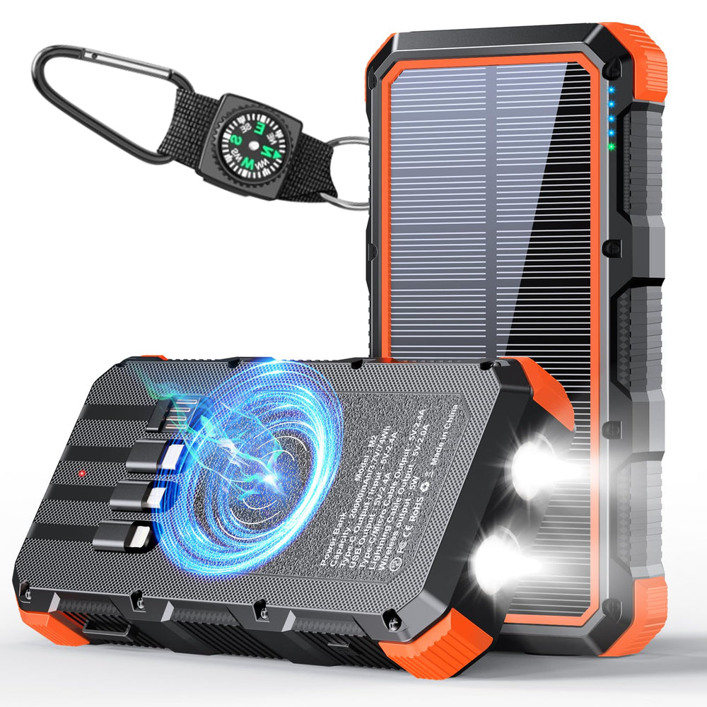 fmooostore vista frontal del power bank naranja, diseño resistente