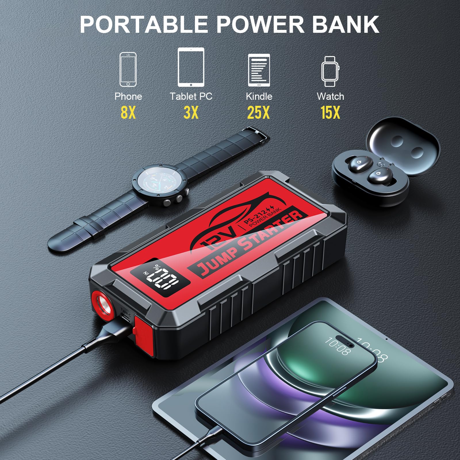 fmooostore pantalla LCD grande mostrando porcentaje de batería y estado