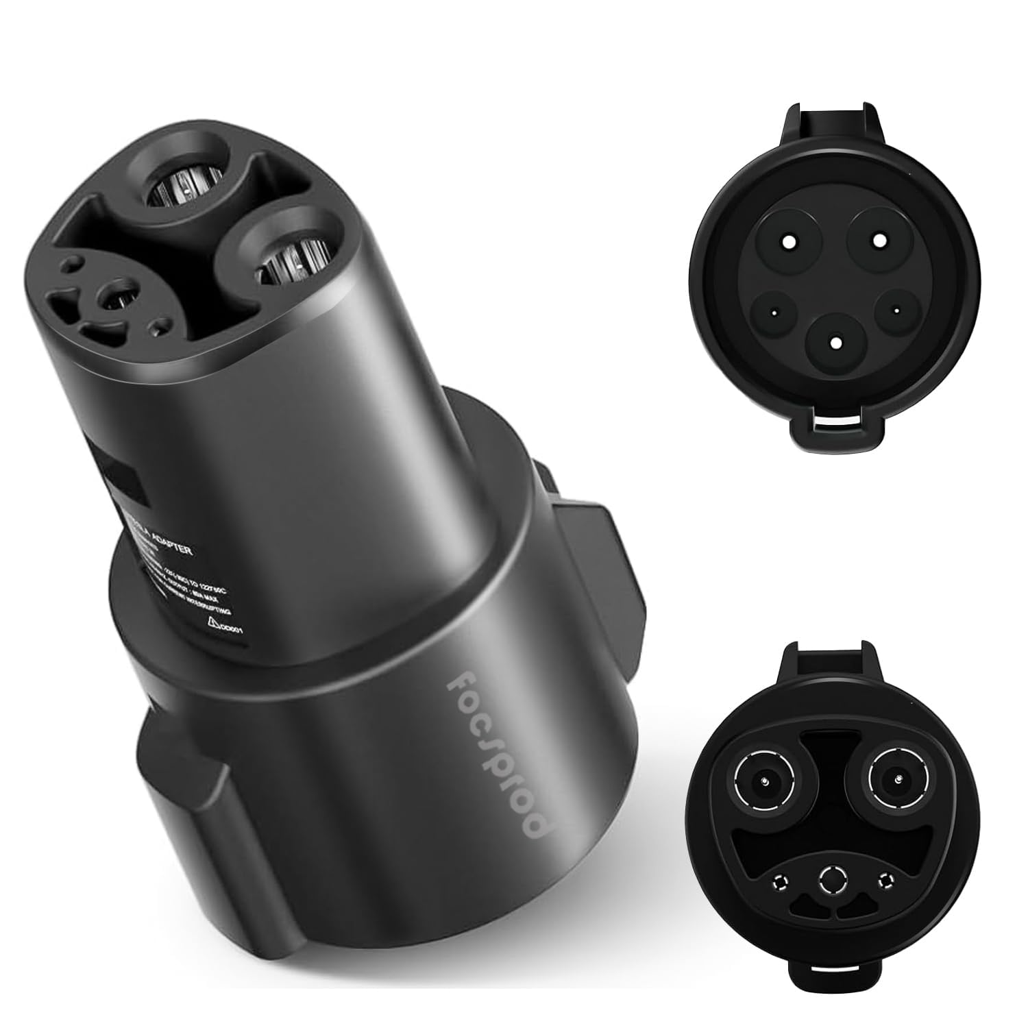 FOCSPROD adaptador conectado a Tesla mostrando vehículo recibiendo energía
