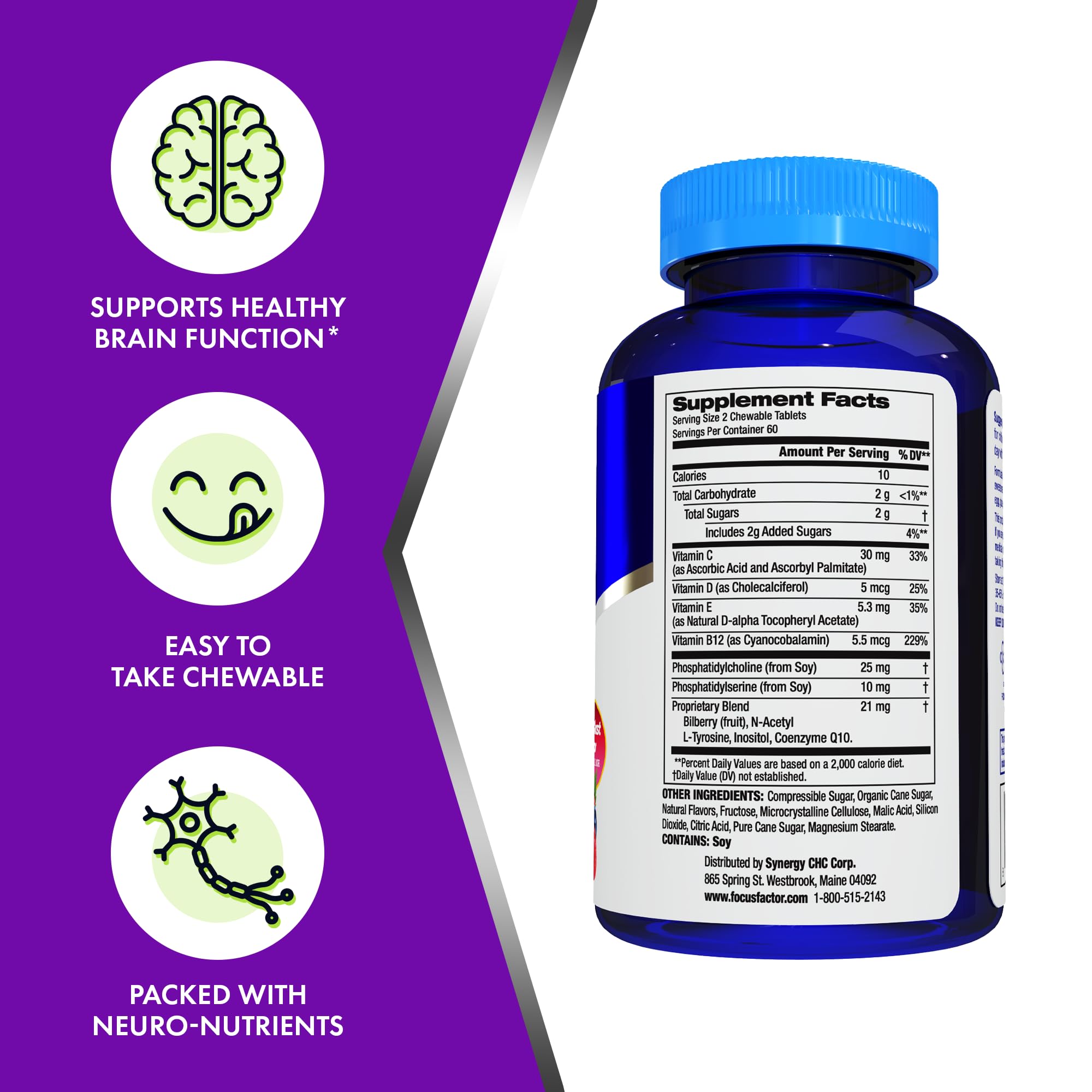 Focus Factor comprimido masticable en mano mostrando tamaño y facilidad de uso