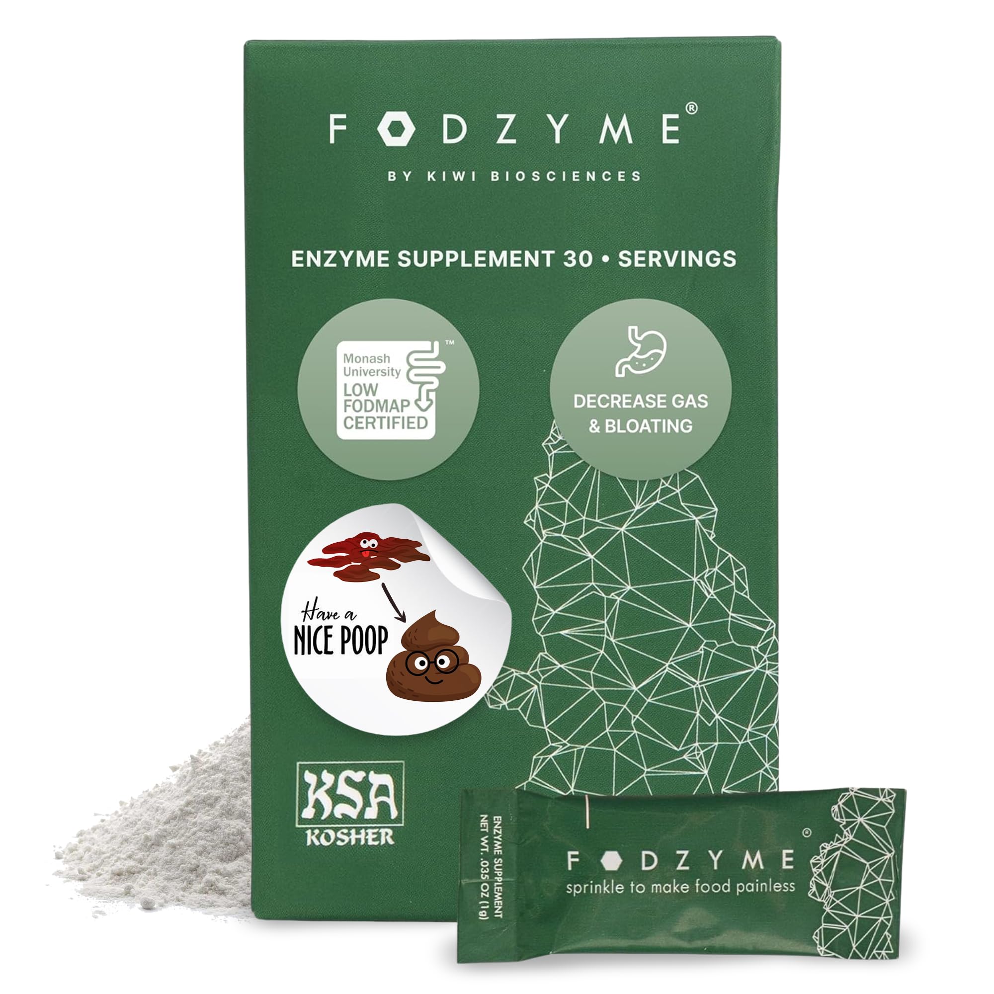 FODZYME front packet showing branding and single-serve convenience benefit