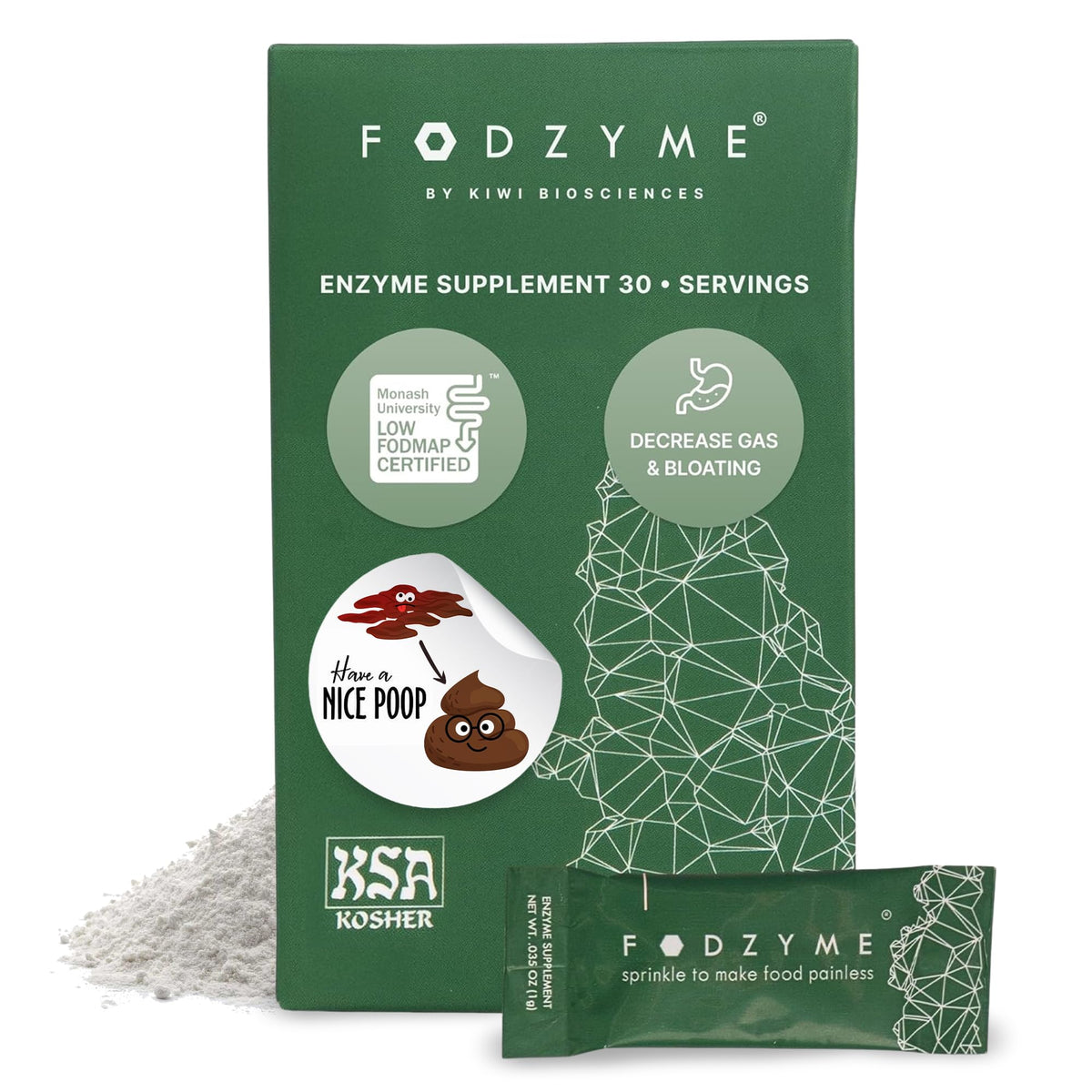 FODZYME front packet showing branding and single-serve convenience benefit