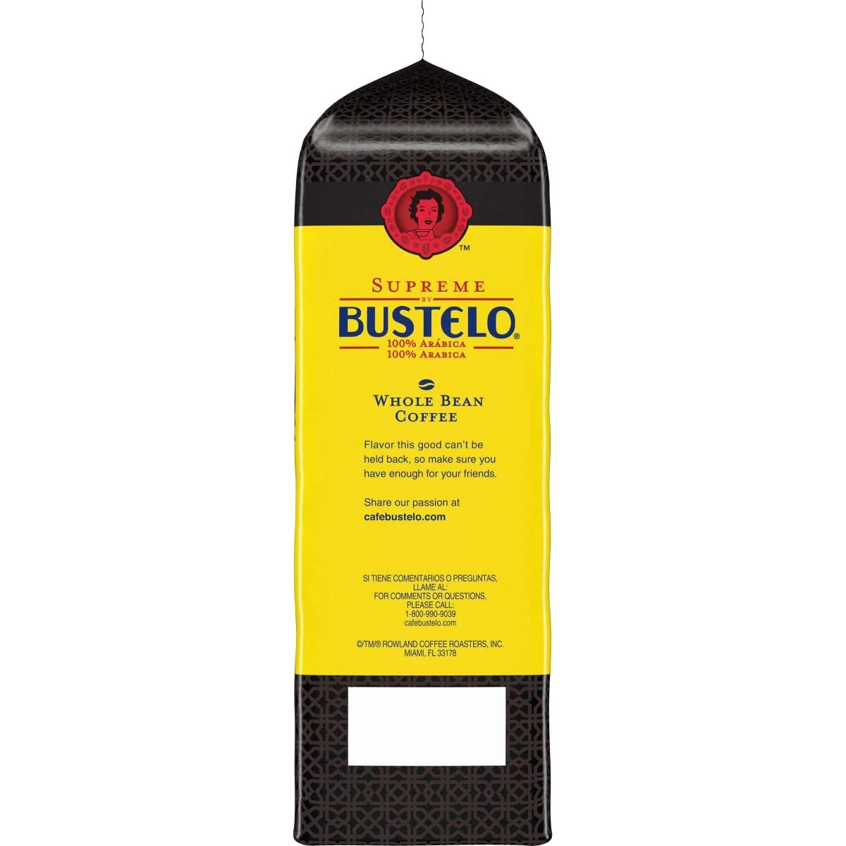 Folgers Supreme Bustelo comparación de tamaño con regla, indica el volumen de 32 oz