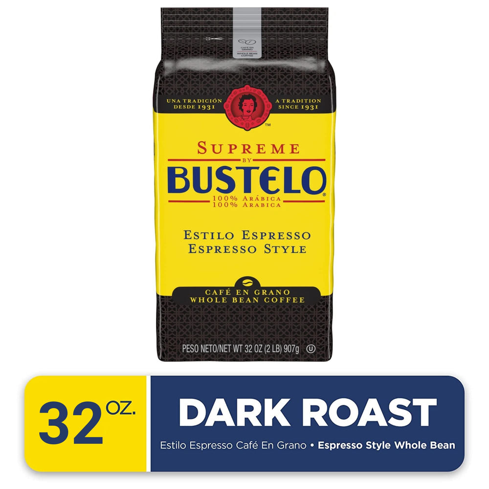 Folgers Supreme Bustelo primeros planos de granos tostados, muestra textura y aroma intenso