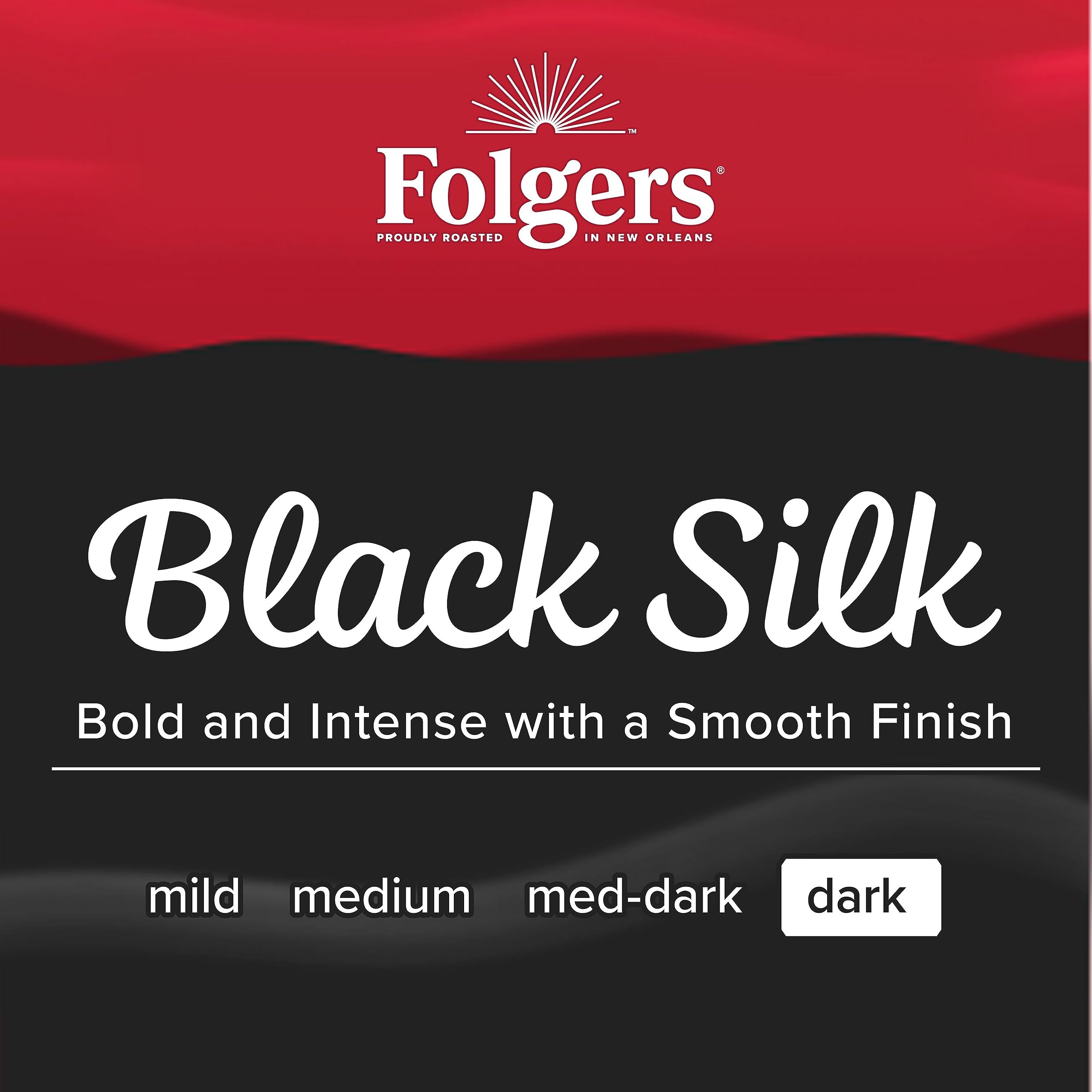 Folgers Black Silk etiqueta con información útil sobre tueste e ingredientes