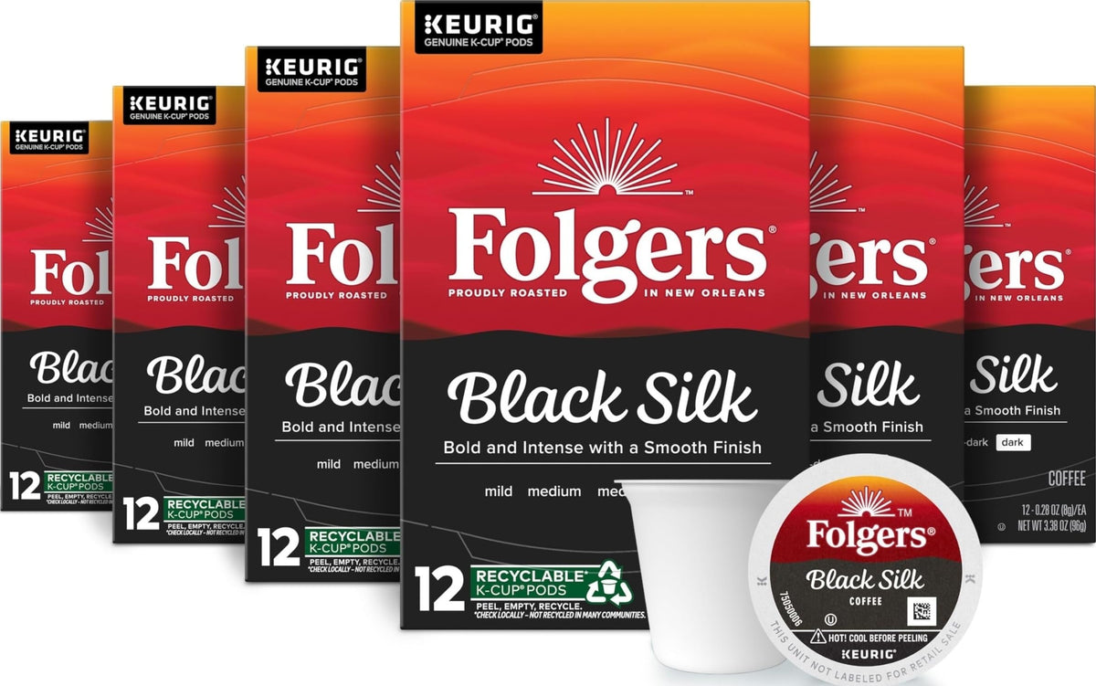 Folgers Black Silk frente del empaque mostrando 72 cápsulas y conveniencia