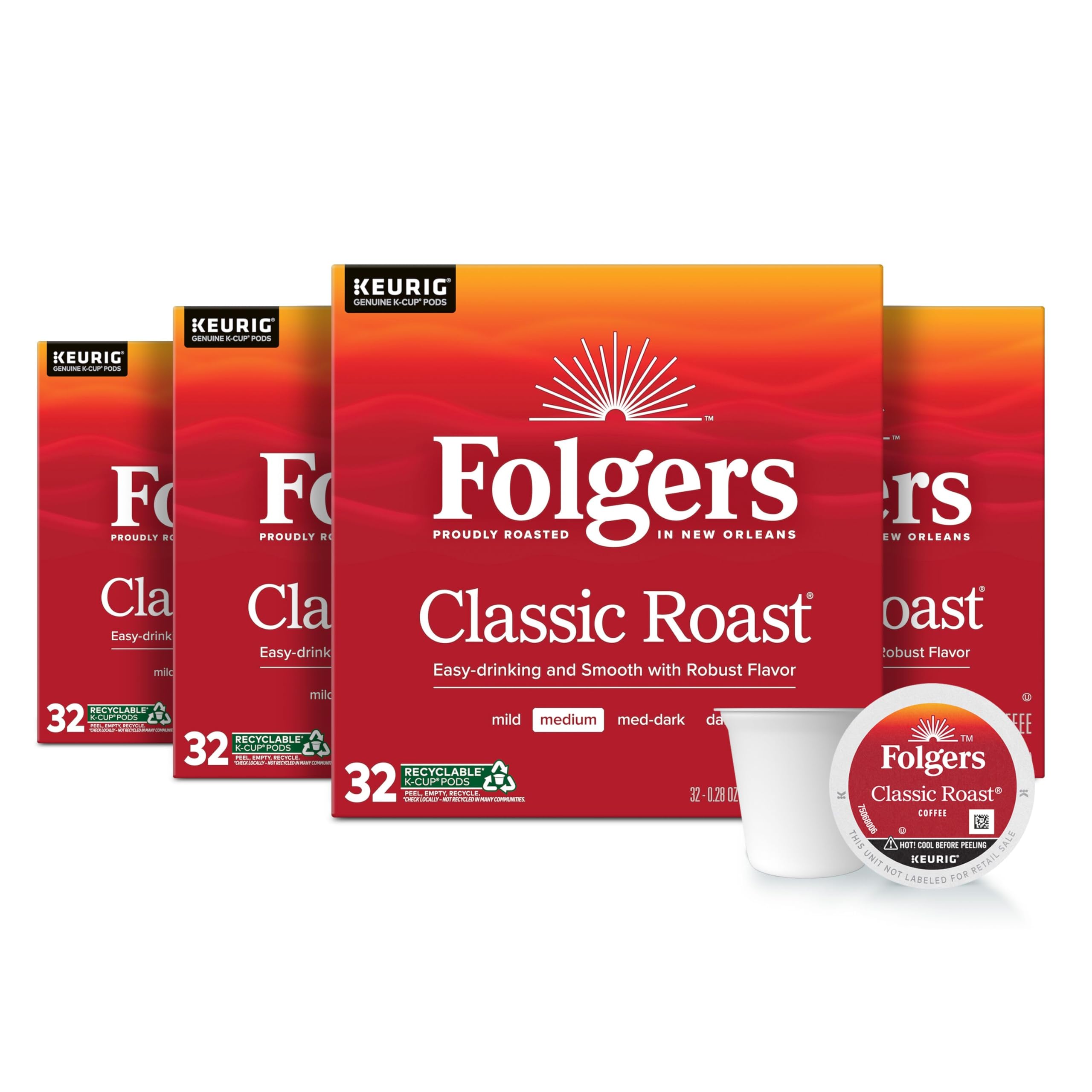 Folgers empaque frontal mostrando 128 cápsulas y comodidad instantánea