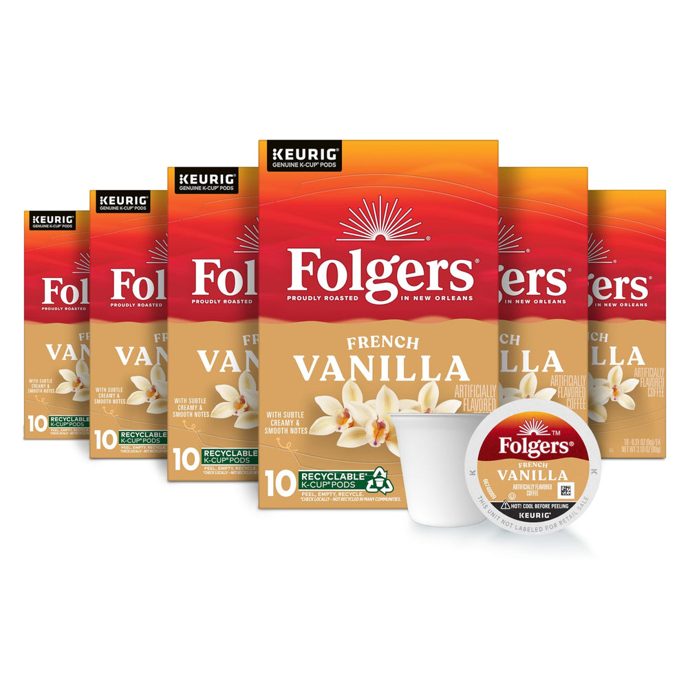 Folgers empaque frontal mostrando French Vanilla y conteo de 60 cápsulas, ideal para ahorro