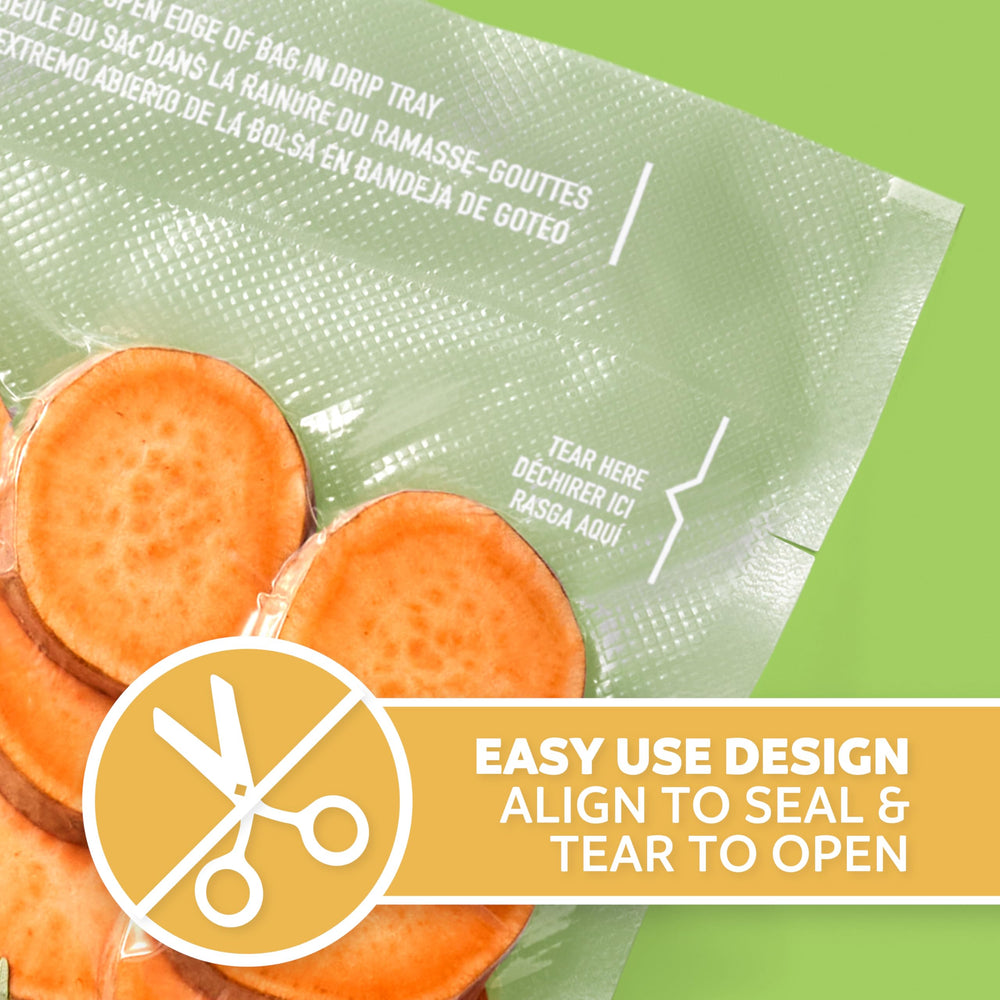 FoodSaver muesca lateral visible para abrir sin tijeras y rápido acceso