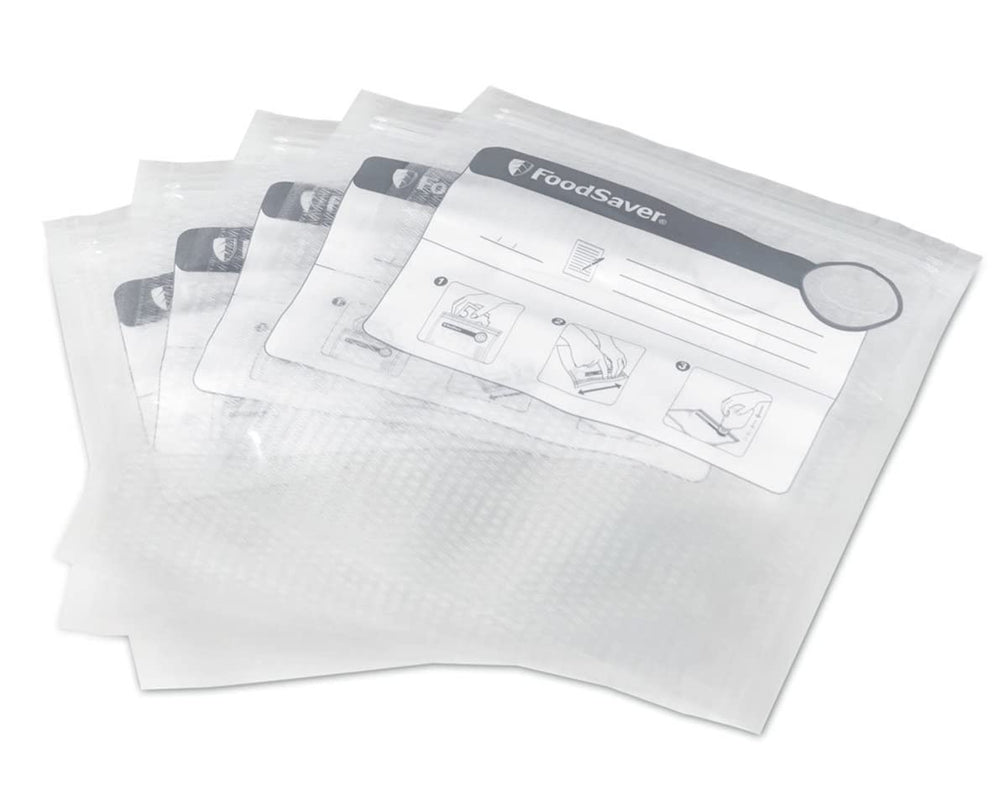 FoodSaver fondo con fuelle desplegado en encimera para fácil llenado y estabilidad