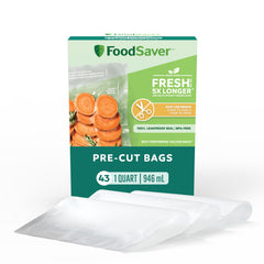 FoodSaver frente del paquete mostrando 43 bolsas y facilidad de almacenamiento