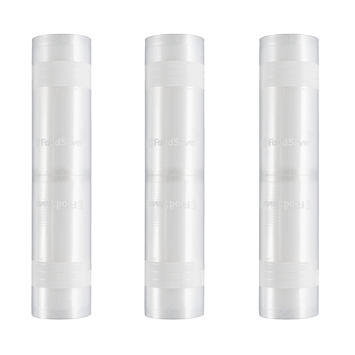 FoodSaver empaque frontal que muestra rollo y pack de 3 para almacenaje prolongado