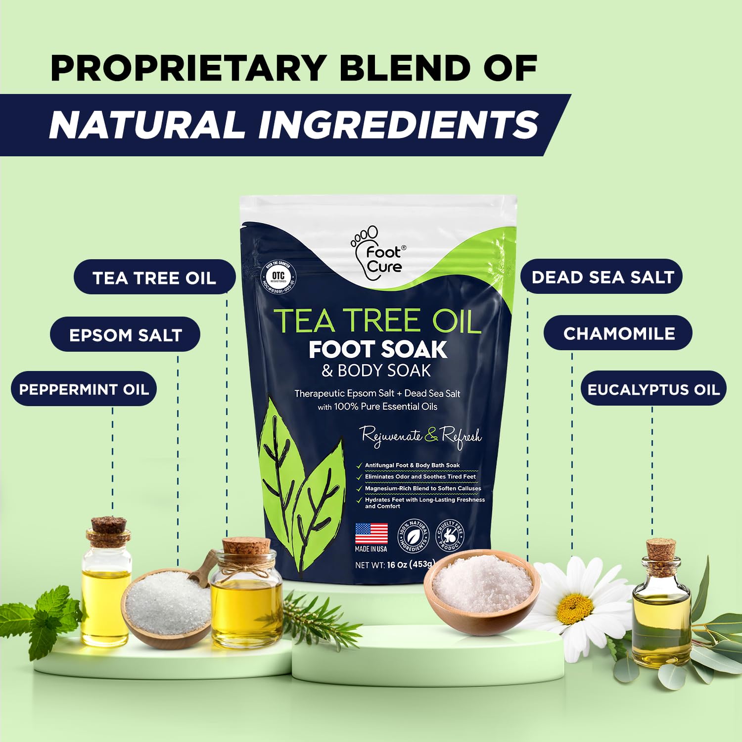 FOOT CURE etiqueta con lista de ingredientes naturales y beneficios