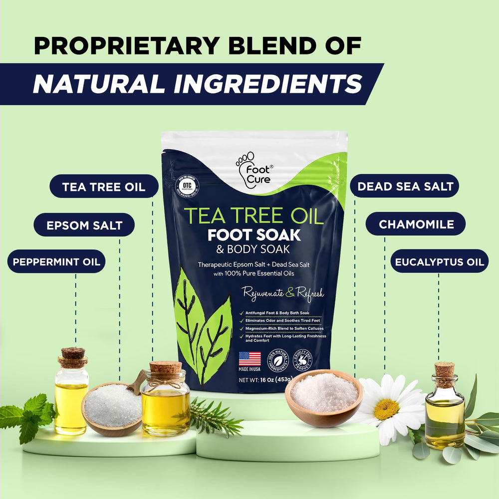 FOOT CURE etiqueta con lista de ingredientes naturales y beneficios