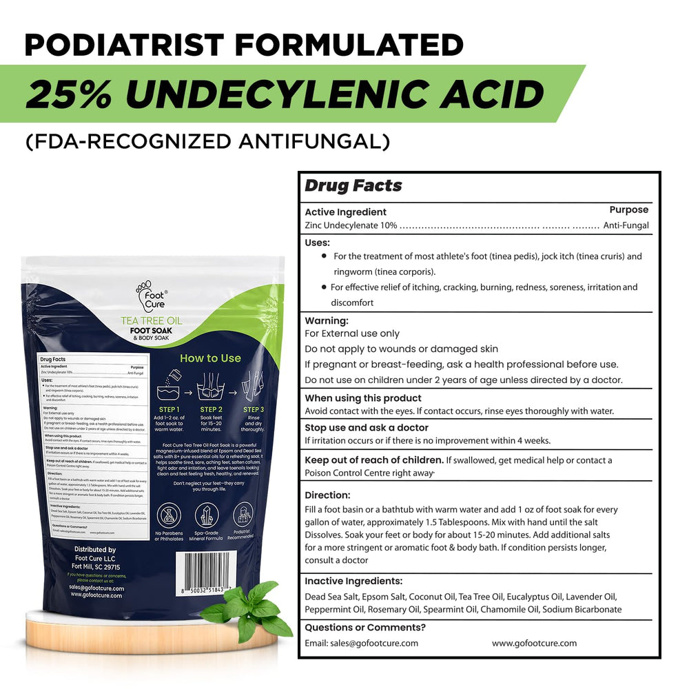 FOOT CURE aceites esenciales en botellas junto a la sal para frescura