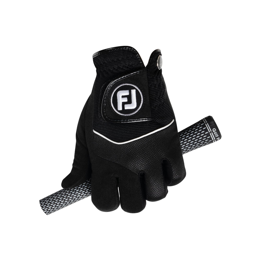 FootJoy RainGrip glove on hand during swing showing improved control in rain