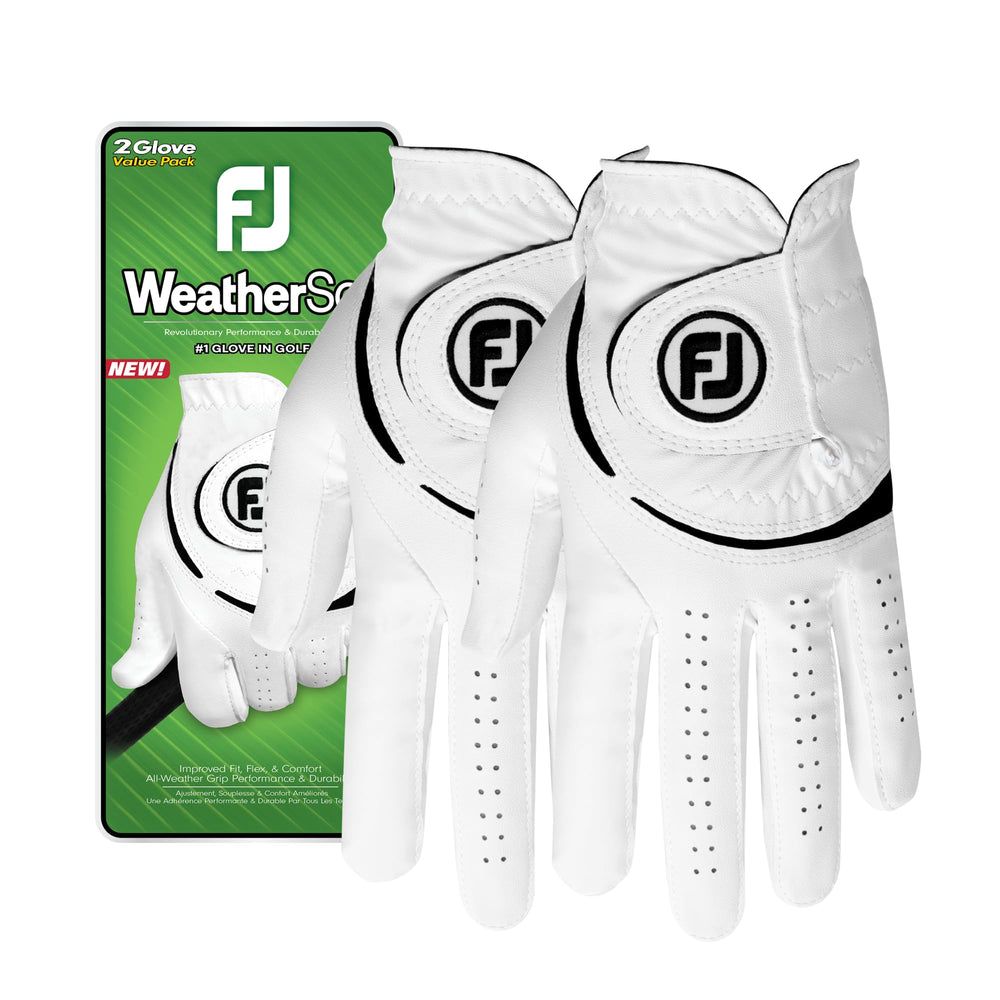FootJoy vista frontal del empaque del par blanco que resalta durabilidad