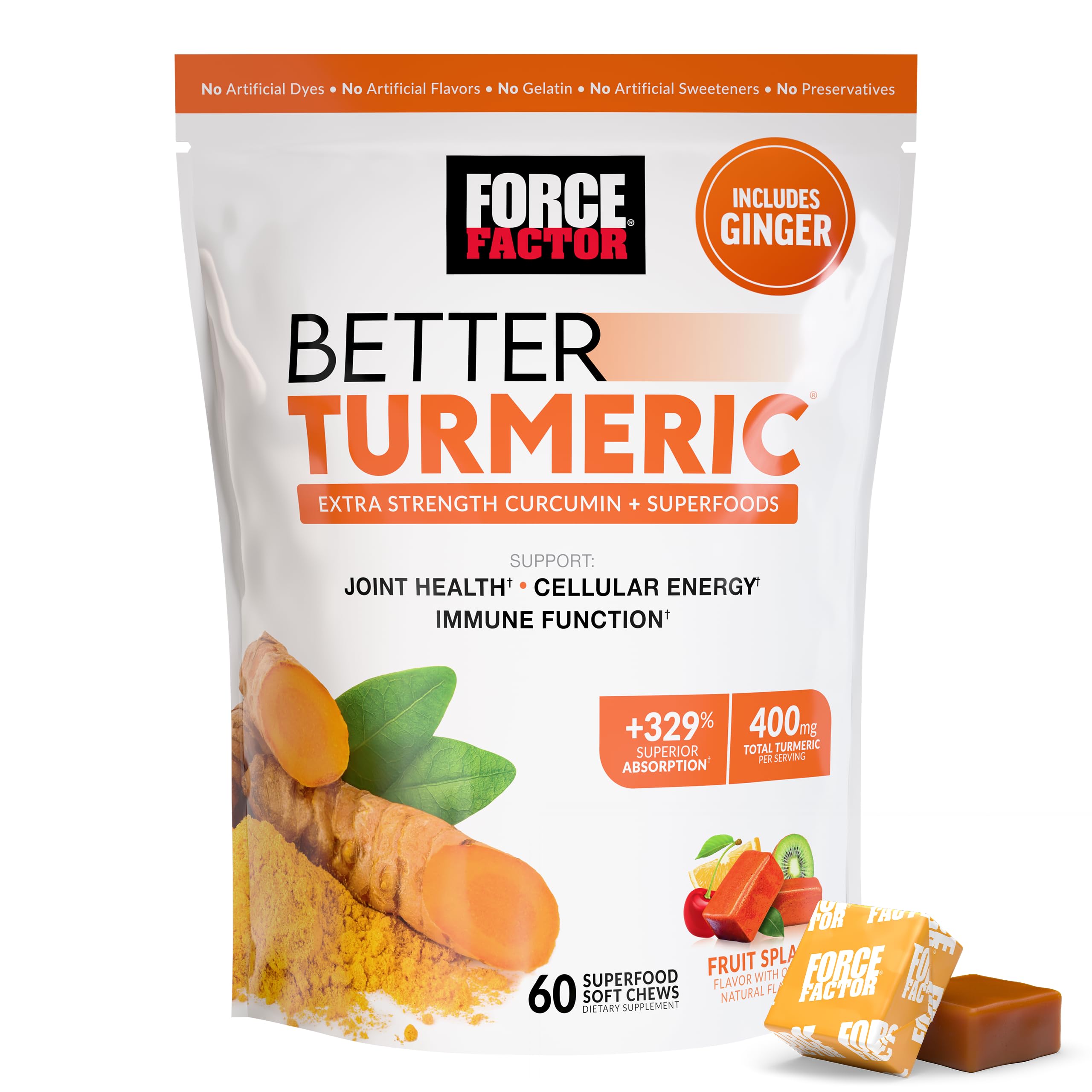 Force Factor frasco Better Turmeric mostrando presentación frontal y beneficio conveniencia