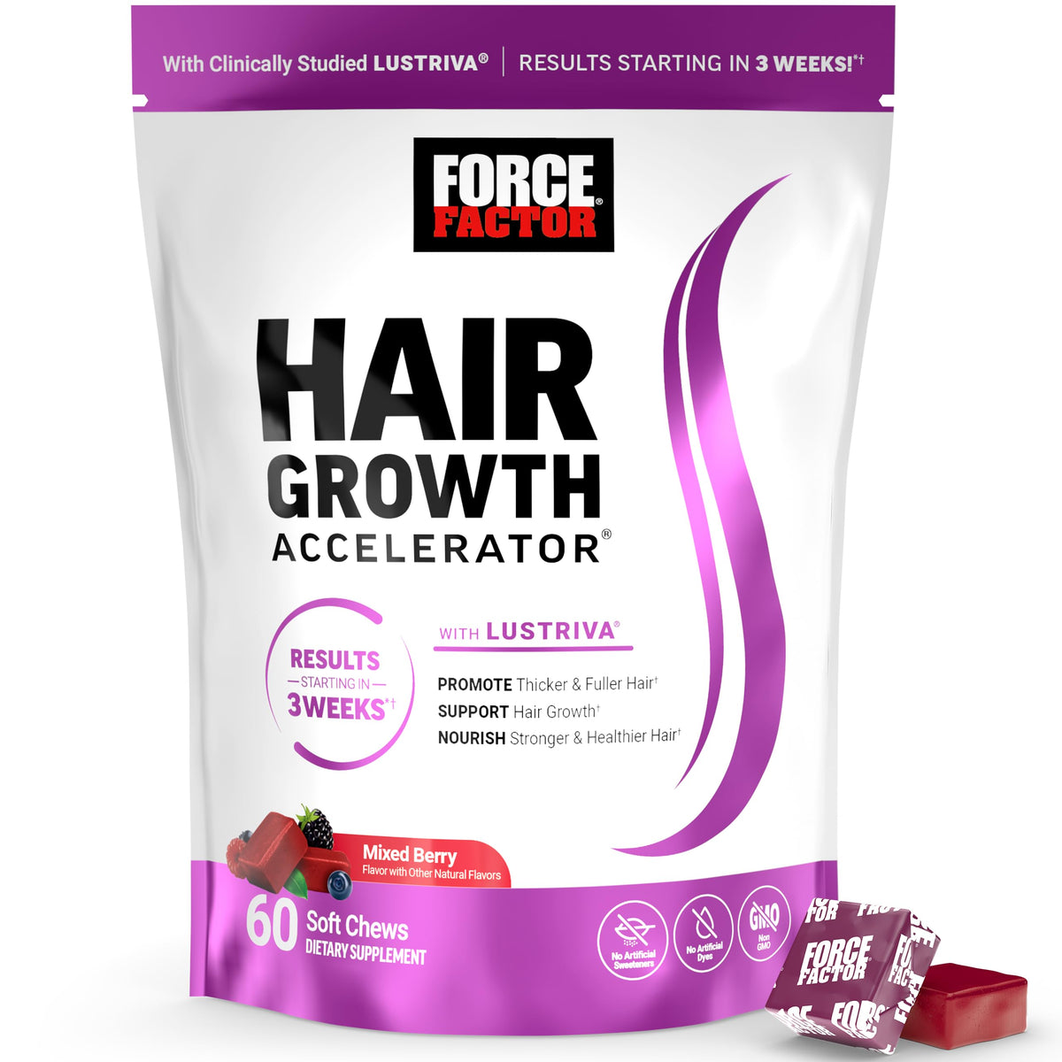 Force Factor frente del paquete mostrando masticables y marca, atractivo y práctico