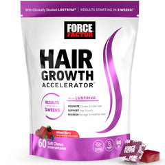 Force Factor frente del paquete mostrando masticables y marca, atractivo y práctico