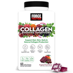 Force Factor presentación frontal mostrando caja y masticables beneficios prácticos