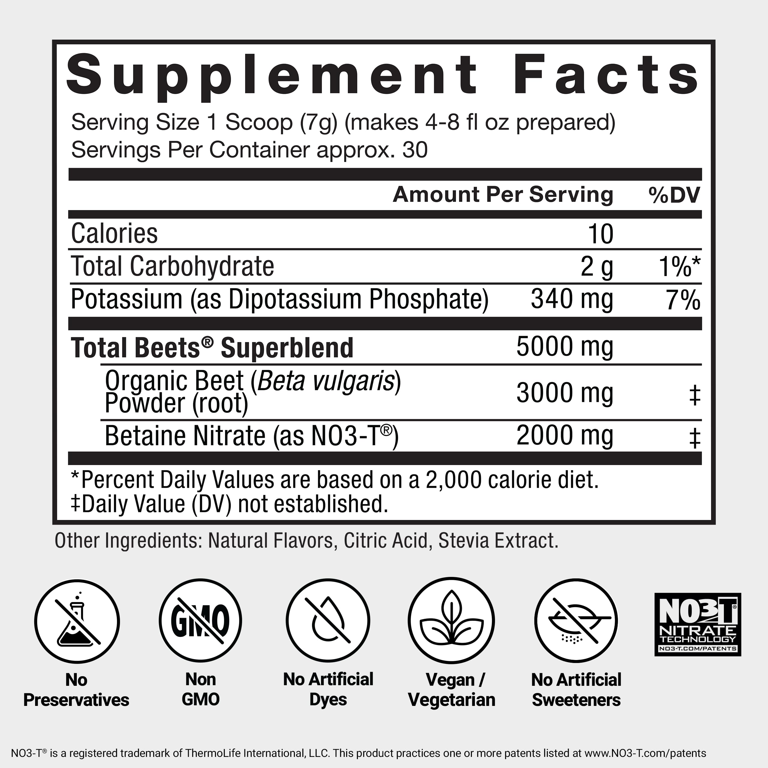 Etiqueta nutricional de Total Beets Force Factor con información de porción