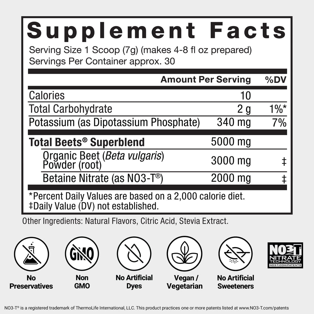 Etiqueta nutricional de Total Beets Force Factor con información de porción
