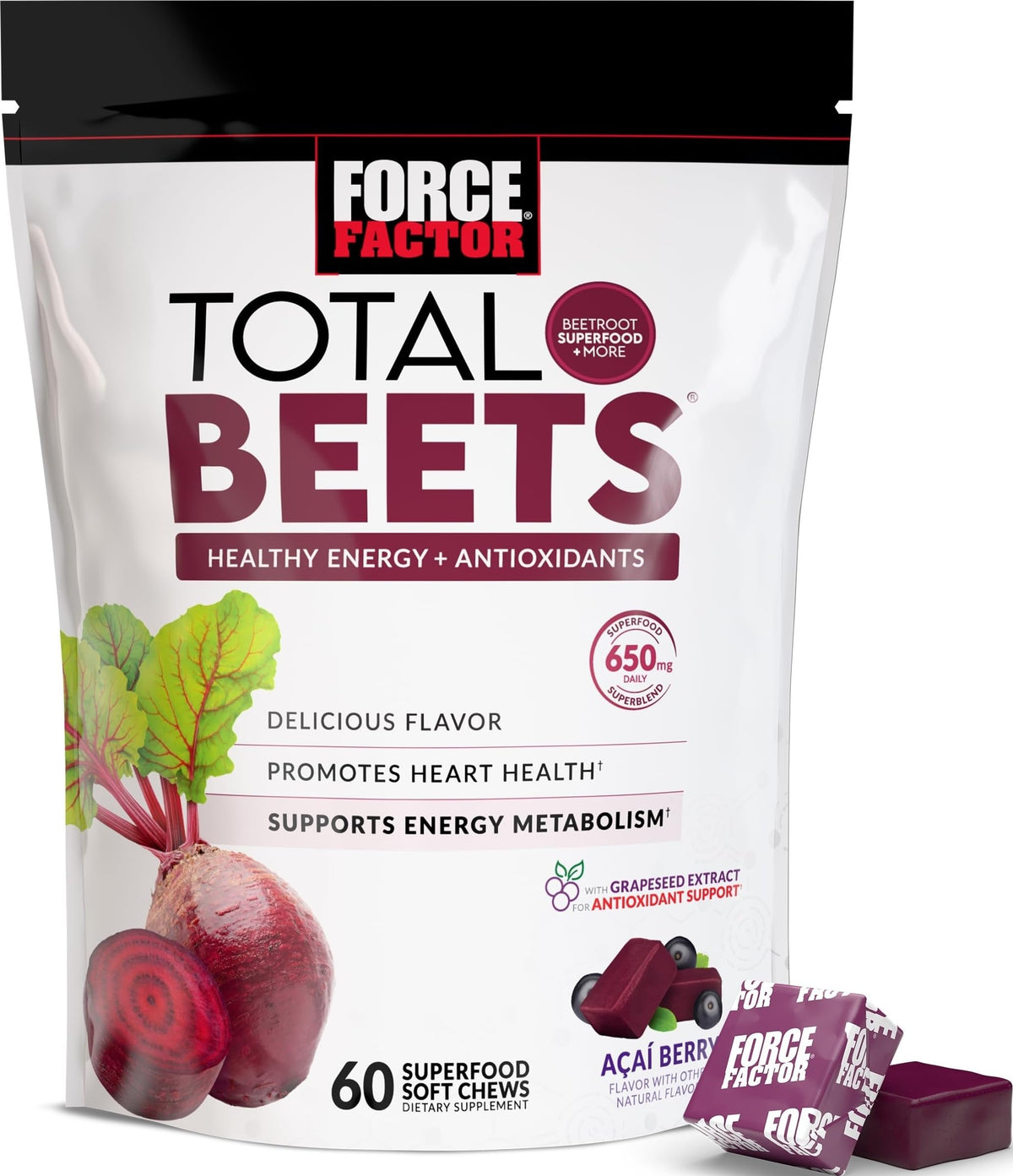 Force Factor masticables Total Beets frasco frontal mostrando la marca y ventaja energética